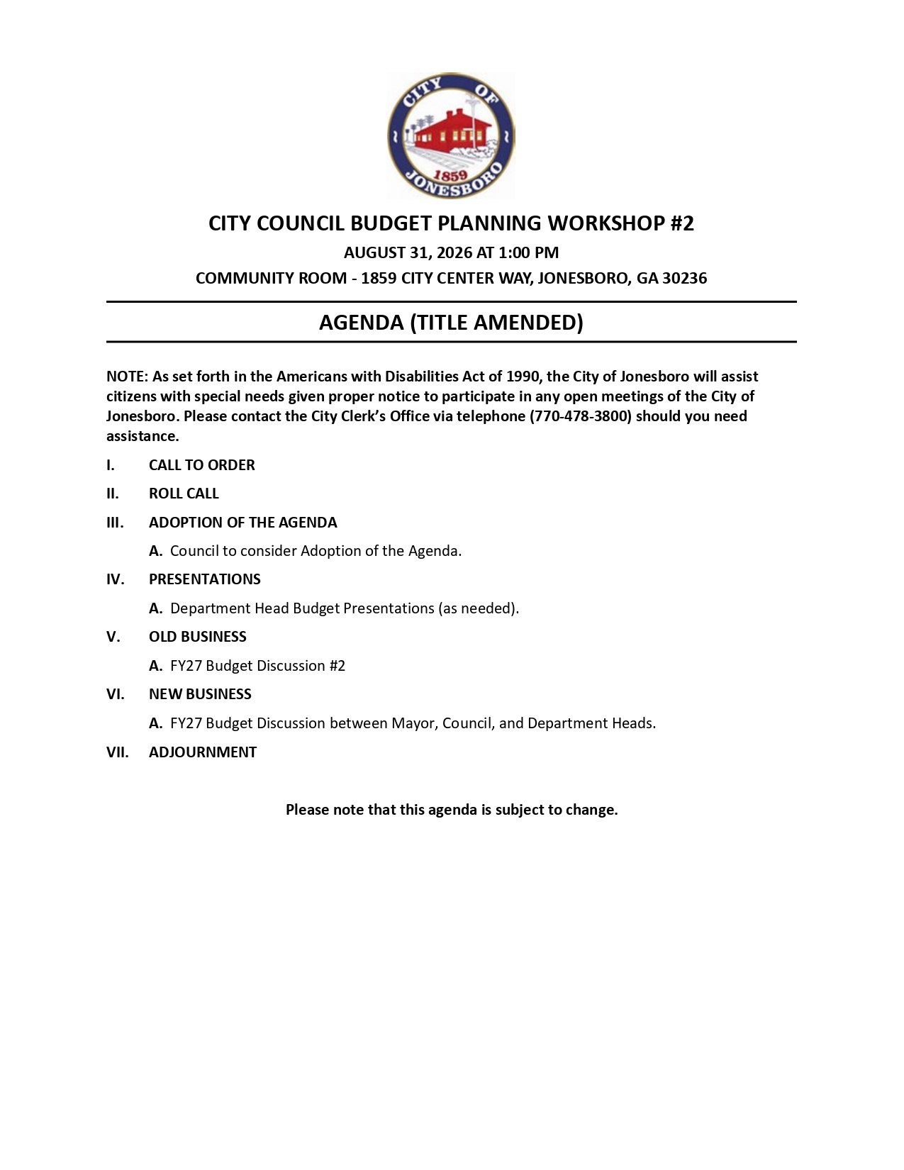 City Council Budget Planning Workshop #2 Agenda 